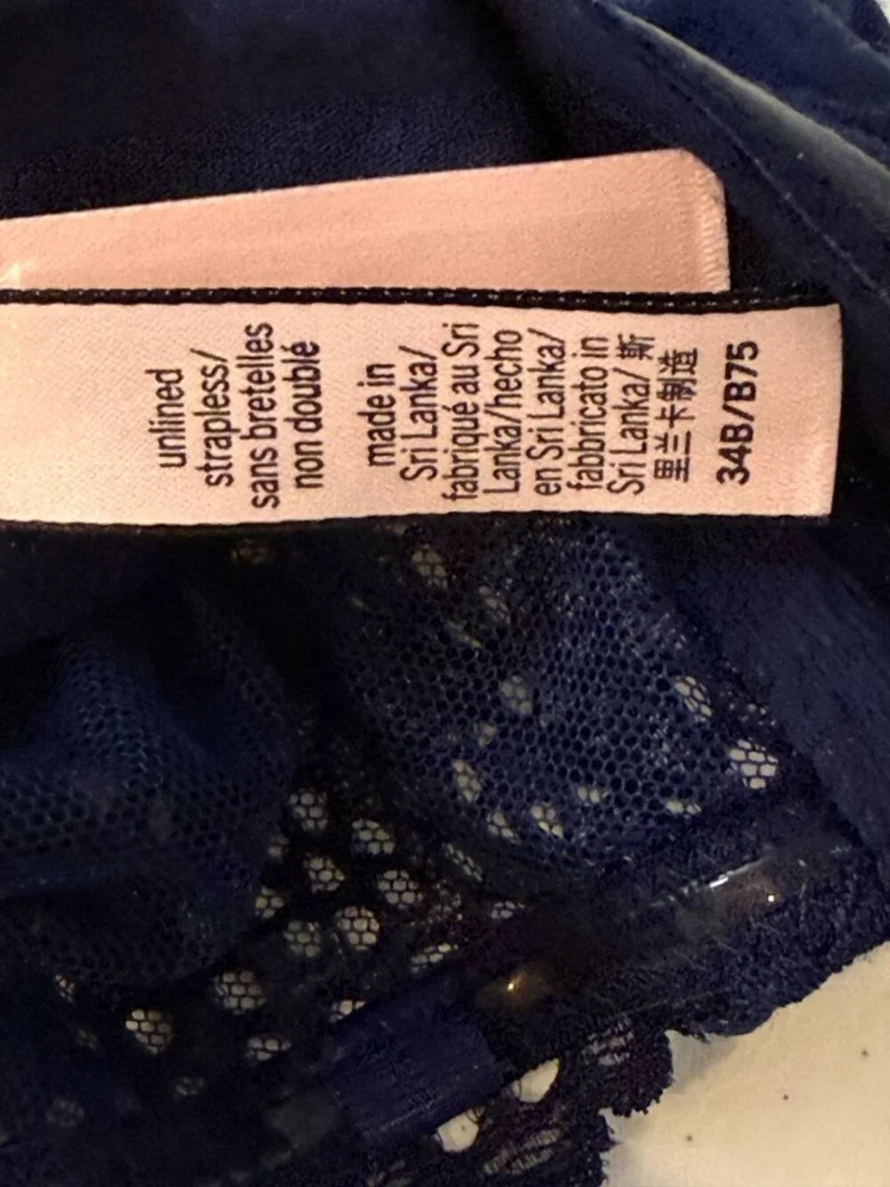 Victorias Secret 34B Navy Blue Lace Strapless Underwire Bra